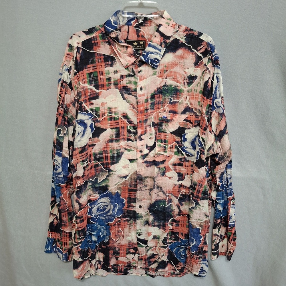 French Crown Men's Abstract Floral Plaid Shirt‎ Size 50 (4XL) Long Sleeve Cotton